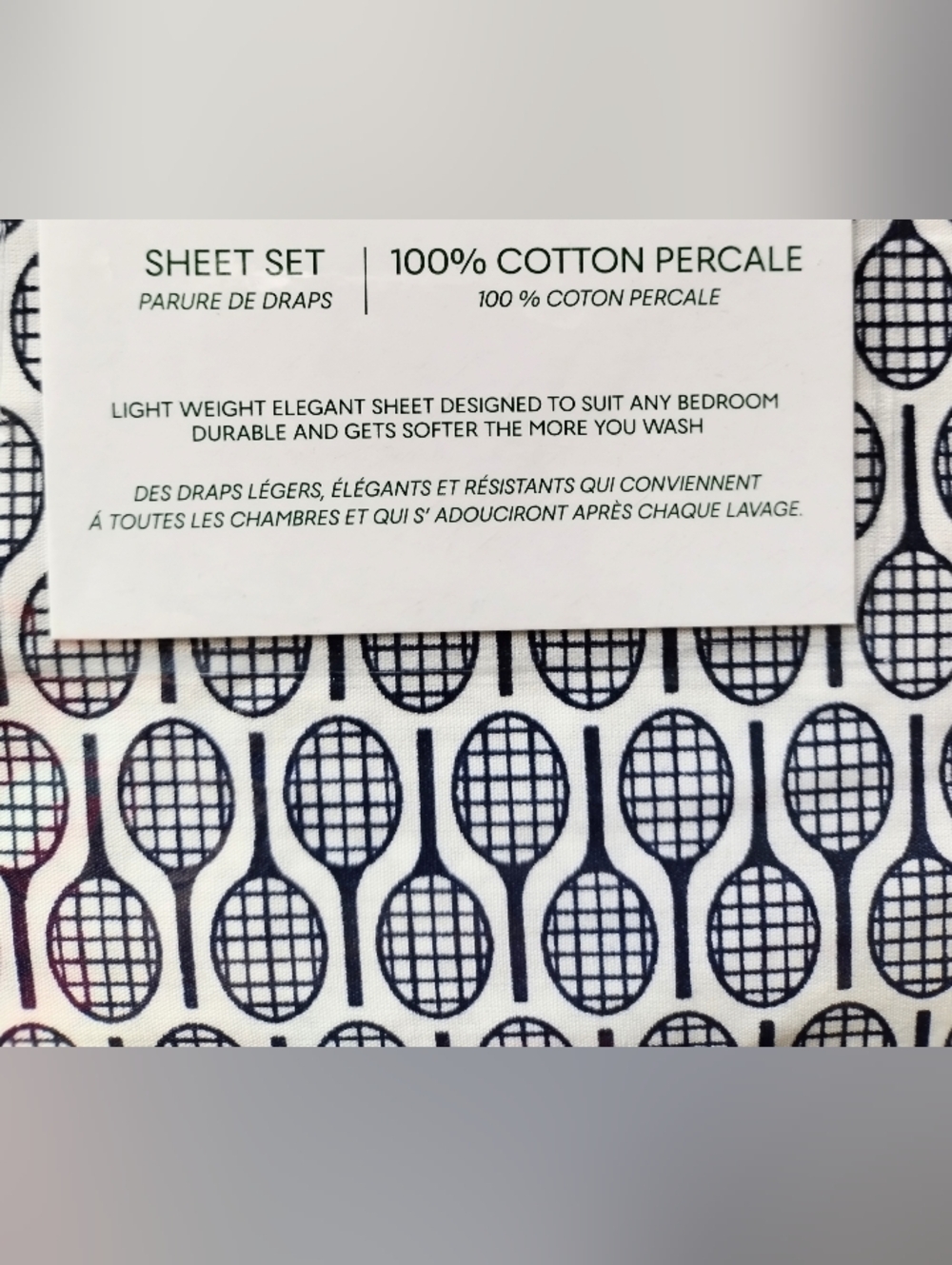 Lacoste Racquet Print Cotton Percale 4-Piece Sheet Set Navy Blue Queen - Picture 6 of 7